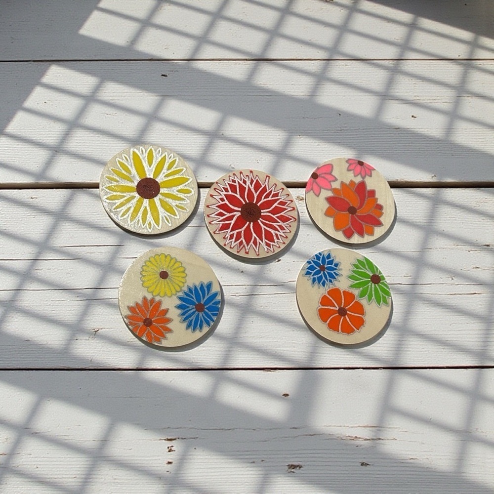 5 Handmade Drink Coasters Colorful Flowers Glossy